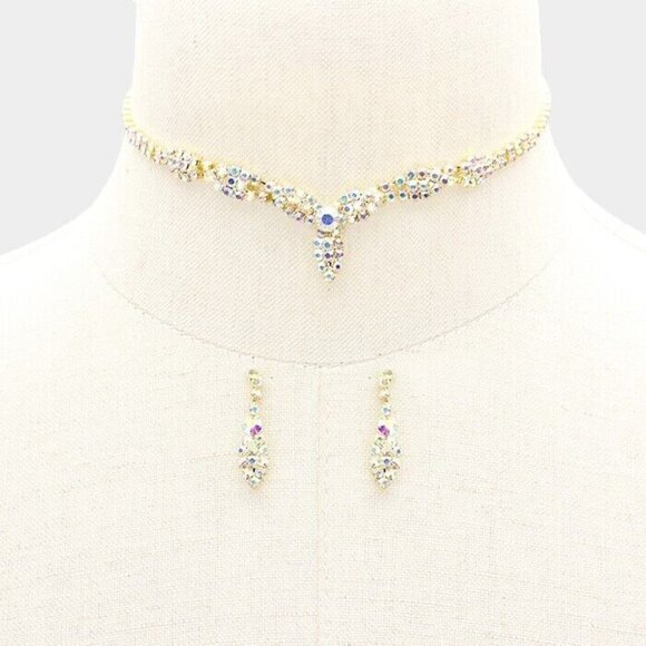 Gold Choker Necklace & Earring Set - Multicolored Crystals‎ - Picture 1 of 7